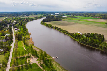 Obraz premium Aerial panoramic view of city Inkeroinen at river Kymijoki, Finland.