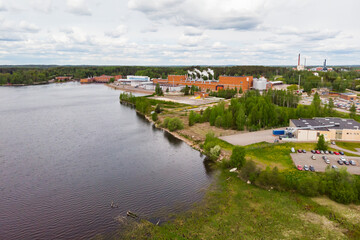 Fototapeta na wymiar Aerial panoramic view of city Inkeroinen at river Kymijoki, Finland.