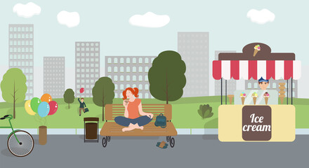 Happy girl sitting on the bench and drinking coffee in a city park. Man selling ice cream at an ice cream stand. Happy summer vacation in the park vector illustration for design.