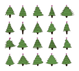Set of hand drawn green Christmas trees. Contour drawing.