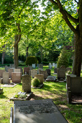 Graves and trees at General Cemetery in Alkmaar, Netherlands, with pathway