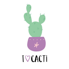 I love cacti. Vector illustration isolated on a white background. Hand drawn illustrations of cactus.