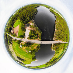 A three dimensional aerial panoramic view of rapid Susikoski at river Kymijoki, Finland, in a mini planet panorama style.
