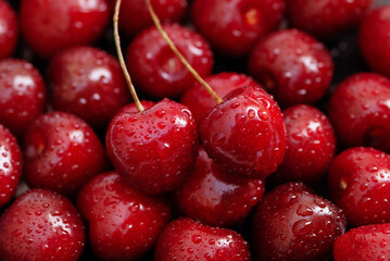 red ripe cherry fruit background, two cherries on top