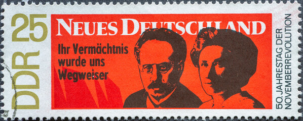GERMANY, DDR - CIRCA 1968: a postage stamp from Germany, GDR showing 50th anniversary of the...