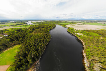 Aerial panoramic view of rapid Susikoski at river Kymijoki, Finland.