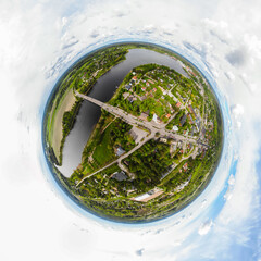 A three dimensional aerial panoramic view of city Inkeroinen at river Kymijoki, Finland.