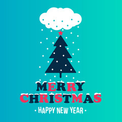 Cute postcard with congratulations for Christmas and Happy New Year. White cloud snow the Christmas tree on a blue background. Vector, illustration