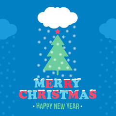 Square banner with congratulations for Christmas and Happy New Year. White cloud snow the Christmas tree on a blue background. Vector, illustration
