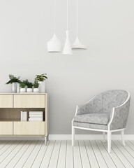 Storage room with gray chair and wooden cabinet.Comfort space in home. scandinavian interior design. -3d rendering
