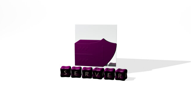 3D representation of SERVER with icon on the wall and text arranged by metallic cubic letters on a mirror floor for concept meaning and slideshow presentation. data and illustration