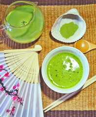 Japanese traditional green tea with milk called Matcha Latte on the table. Super food. Diet meal. Healthy breakfast. World tea collection.