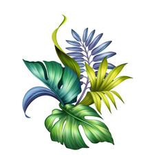 digital botanical illustration, wild jungle foliage arrangement, tropical palm leaves, colorful bouquet, floral design isolated on white background