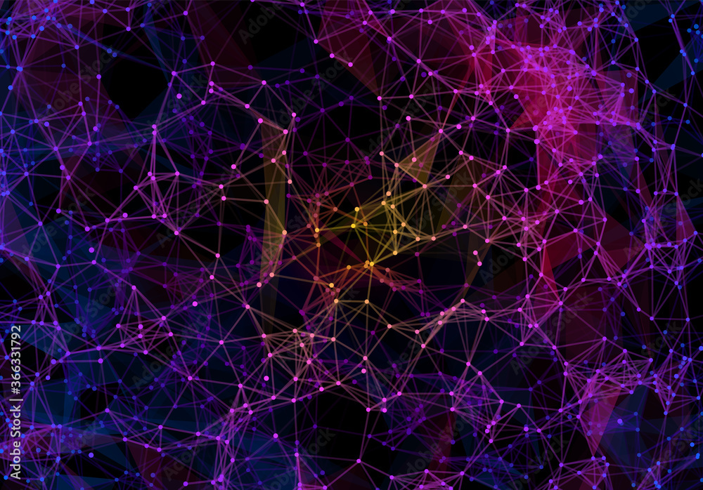 Poster blue and purple vibrant triangular grid in futuristic technology style on dark background