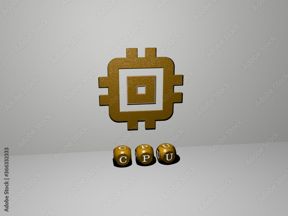 Fototapete 3d illustration of cpu graphics and text made by metallic dice letters for the related meanings of t