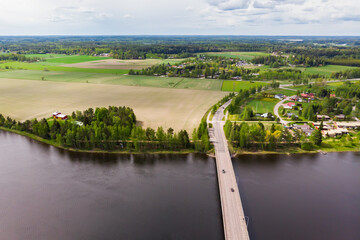 Aerial panoramic view of bridge in city Inkeroinen at river Kymijoki, Finland.