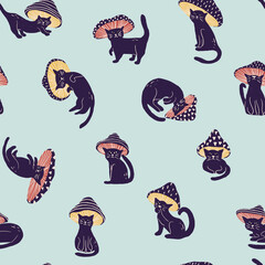 Black cat in mushroom costume seamless pattern on cyan background in childish style. Texture for kids fabric, wrapping, textile, wallpaper, apparel. 