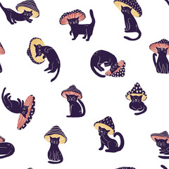 Black cat in mushroom costume seamless pattern on white background in childish style. Texture for kids fabric, wrapping, textile, wallpaper, apparel. 