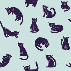 Black cat seamless pattern on cyan background in childish style. Texture for kids fabric, wrapping, textile, wallpaper, apparel. 