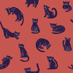 Black cat seamless pattern on red background in childish style. Texture for kids fabric, wrapping, textile, wallpaper, apparel. 