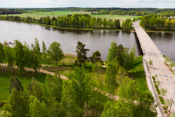 Aerial panoramic view of bridge in city Inkeroinen at river Kymijoki, Finland.