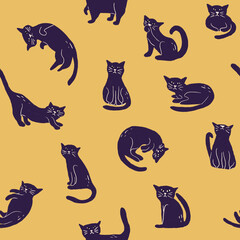 Black cat seamless pattern on yellow background in childish style. Texture for kids fabric, wrapping, textile, wallpaper, apparel. 
