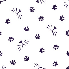 Cat paw footprint and whiskers seamless pattern on white background in childish style. Texture for kids fabric, wrapping, textile, wallpaper, apparel. 