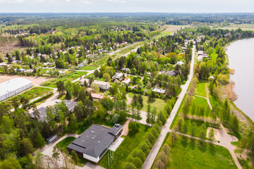 Aerial panoramic view of city Inkeroinen at river Kymijoki, Finland.