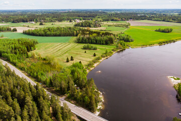 Fototapeta na wymiar Aerial panoramic view of rapid Susikoski at river Kymijoki, Finland.