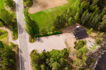 Naklejka premium Aerial panoramic view of rapid Susikoski at river Kymijoki, Finland.