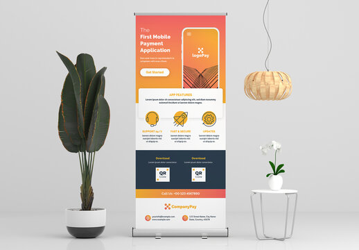 Roll-Up Banner Layout with Orange Gradient Accents and Mobile Phone Illustrations