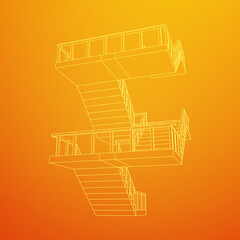 Fototapeta na wymiar Wireframe stairs, interior staircases steps with railing. Wireframe low poly mesh vector illustration.