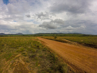 View of the mountains across the horizon near a small town in Brazil.