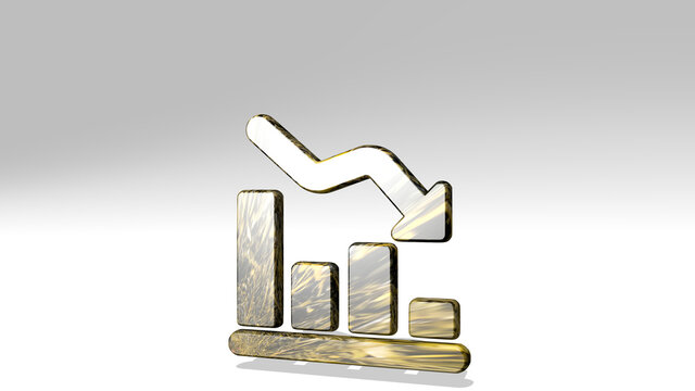 PERFORMANCE DECREASE casting shadow with two lights. 3D illustration of metallic sculpture over a white background with mild texture. editorial and business