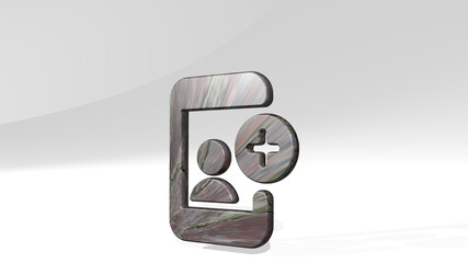 social profile smartphone add made by 3D illustration of a shiny metallic sculpture casting shadow on light background. media and concept