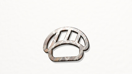 seafood sushi from a perspective on the wall. A thick sculpture made of metallic materials of 3D rendering. fish and background