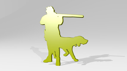 HUNTER WITH DOG made by 3D illustration of a shiny metallic sculpture with the shadow on light background. animal and hunting