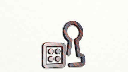 board game dice pawn made by 3D illustration of a shiny metallic sculpture on a wall with light background. wooden and design