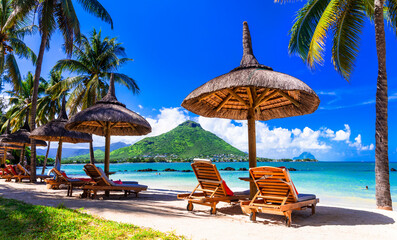 Relaxing holidays in tropical paradise. Mauritius island. Flic en Flac beach