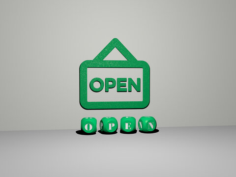 3D representation of OPEN with icon on the wall and text arranged by metallic cubic letters on a mirror floor for concept meaning and slideshow presentation. background and illustration