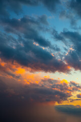 Beautiful dramatic sky. Sunset or sunrise time. Amazing purple clouds.