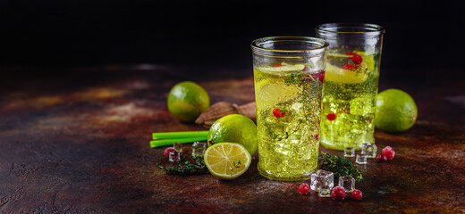 Lime Lemonade with thyme, cranberry and ice.