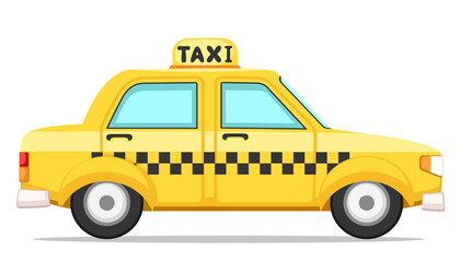 Yellow taxi car on a white background, trip. Taxi service