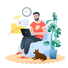 Freelance home work flat vector illustration. Cartoon bearded happy hipster sitting in modern comfortable armchair, man freelancer character working with laptop. Remote job at home isolated on white