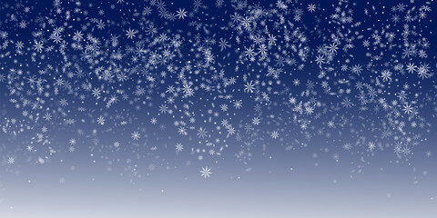 Snowflakes. Christmas snow, snowfall. Falling snowflakes on a blue background. White snowflakes fly in the air. Vector illustration