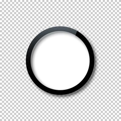 Black circle frame template with empty white copy space inside isolated on transparent background. Dark bound border shape with blank surface. Vector realistic framework mockup for design.