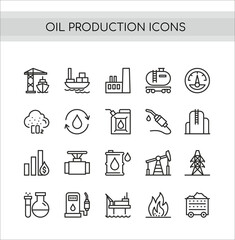 Oil production vector illustration set. Flat thin line icons with oilfield drilling pump station, tanker ship or truck transportation, pollution, refinery oil plant symbols
