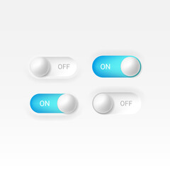Editable neomorphism on off round shape power blue button set. Slider for website, mobile menu, navigation and application. Realistic vector design. UI component isolated on white background