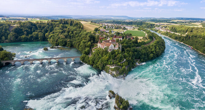 Aerial photography with drone of Rhine Falls with  Laufen Castle, Switzerland. Rhine Falls is the largest waterfalls in Europe