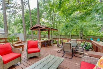 Garden deck patio wood oasis outdoor furniture red pattern relax backyard deck forest greenery bar 
